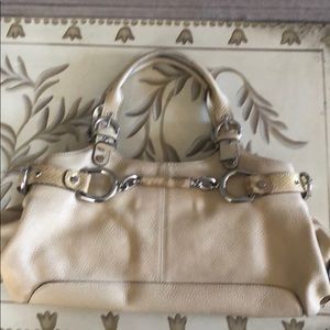 Tan Leather/ Gold Snakeskin Buckle Trim Handbag.